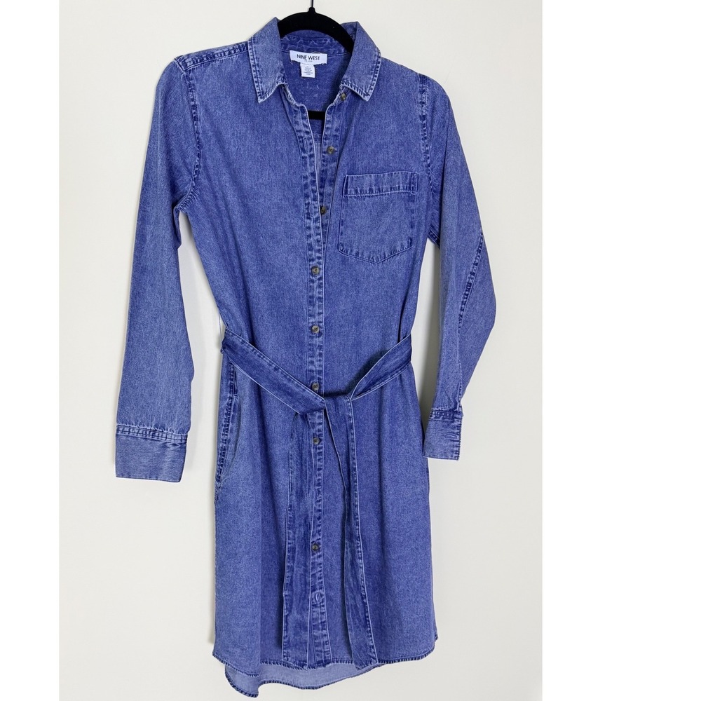Nine West Long Sleeve Button Down Denim Dress, Small